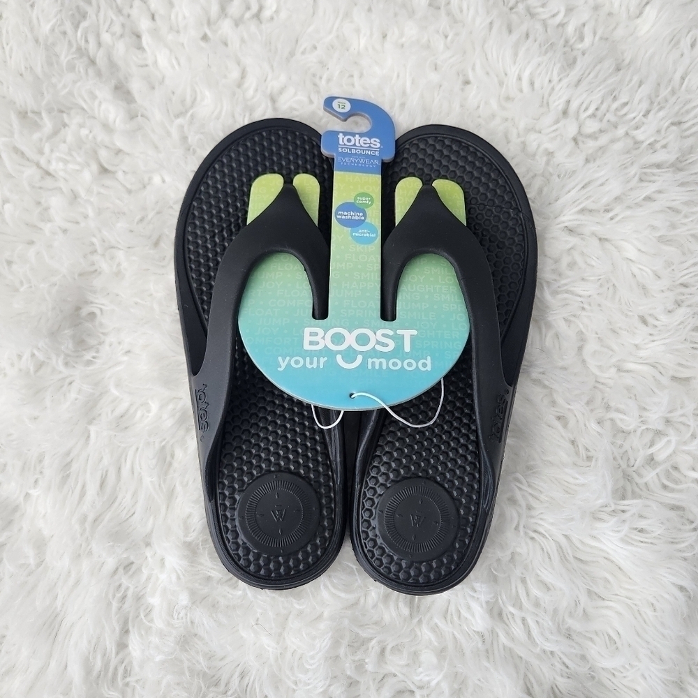 Totes Boost Your Mood. Bounce Toe Post Mens Sandals. Black. Size 12. New.